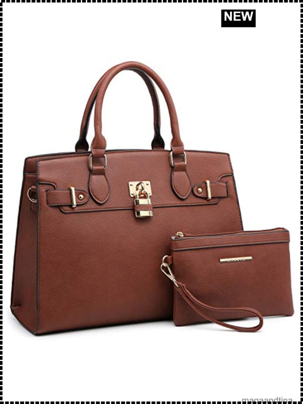 Vegan Leather Satchel Handbag & Clutch Set with Adjustable Strap